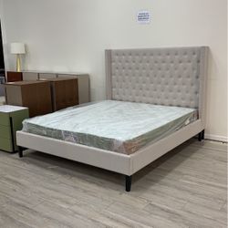 Beige Wingback Fabric Platform Bed Frame