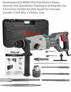 XtremepowerUS 800W SDS-Plus Electric Rotary Hammer Drill Demolition Chiseling & Drilling Bits Set 4 Functions Corded Variable Speed for Concrete, Incl