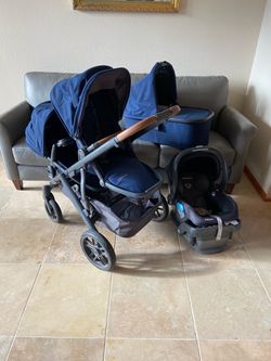 Uppababy V2 Vista Double Stroller with Car Seat and Bassinet dark blue