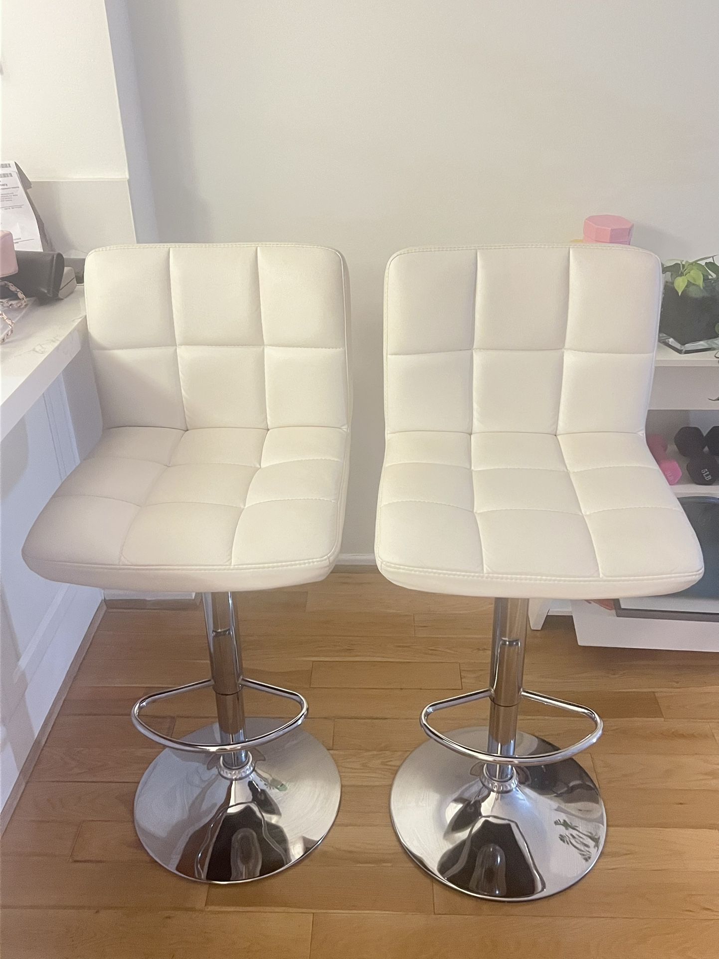** Two Cream Leather Look Silver Bar Stools **
