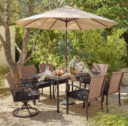 New in box 7-Piece Patio Dining Set for 6, Outdoor Dining Set with Wicker Swivel Patio Dining Chairs with Cushions & Black Rectangular Woodgrain Dinin