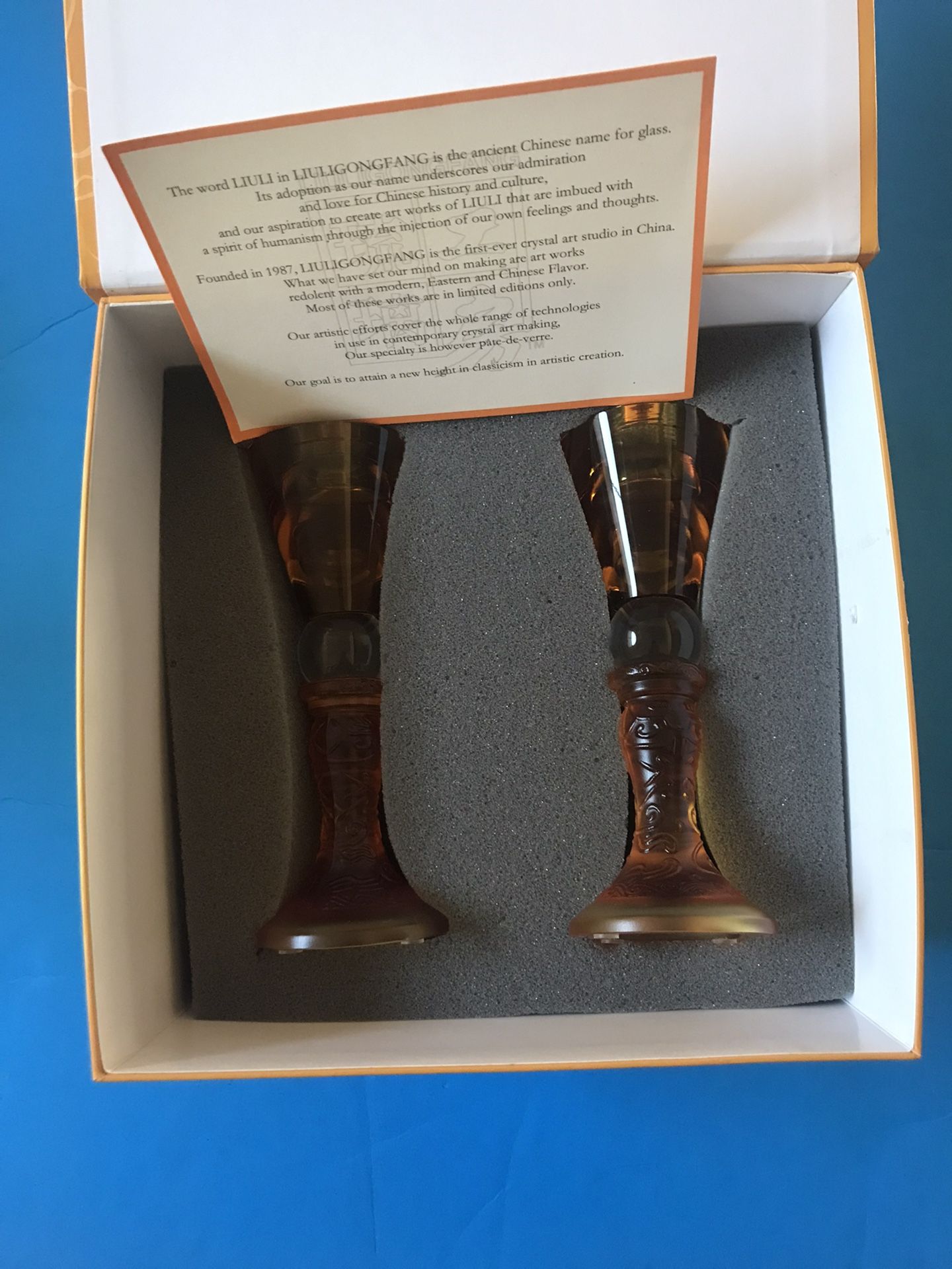 Rare very nice set of2 LIULI LIVING Crystal &Patè de Ferre Candleholder, Amber,
