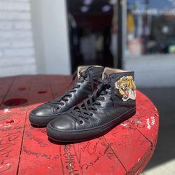 Gucci Black Leather Tiger Patch High Top