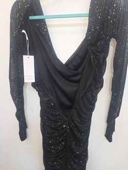 New D&M Black Glitter Long Sleeve Ruched Dress S