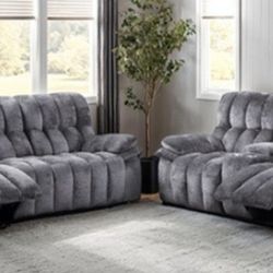 Brand New Grey Super Plush Reclining Sofa & Loveseat 