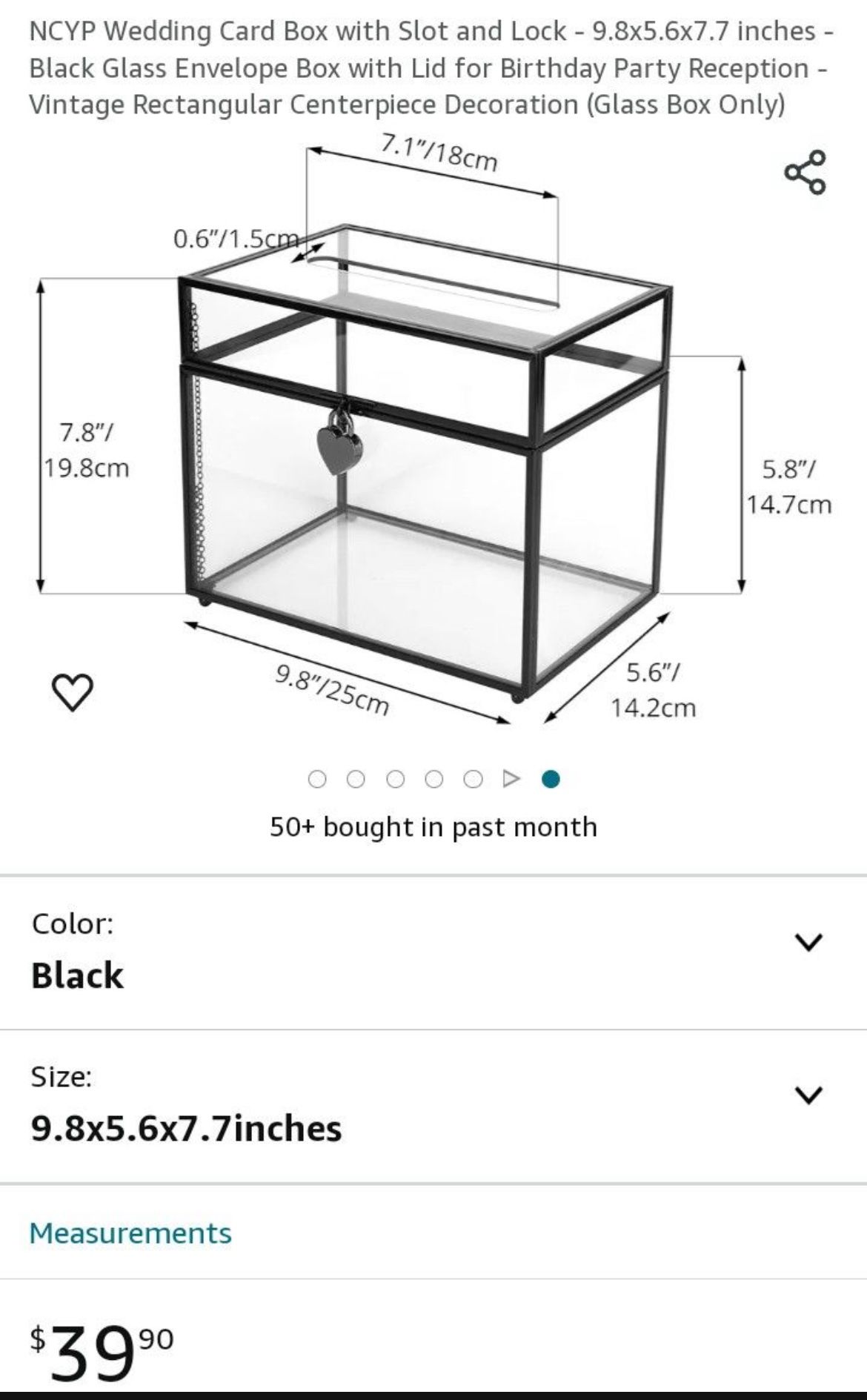 NCYP Wedding Card Box with Slot and Lock - 9.8x5.6x7.7 inches - Black Glass Envelope Box with Lid for Birthday Party Reception - Vintage Rectangular