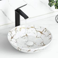 Tysun Art Basin 16in Round Vessel Sink With Pop-up Drain White N Gold New