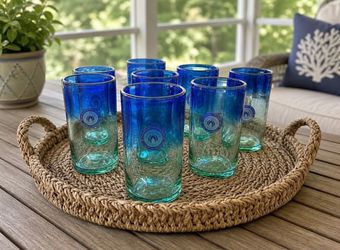 Set of 8 NEW 16 oz. Green/Blue Recycled Glass Highball Glasses