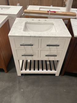 30” White Solid Wood Bathroom Vanity with Marble Top (V129)