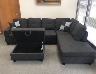 New Sectional Sofa Dark Gray Charcoal Couch Include FREE Storage Ottoman And 2 Pillows 