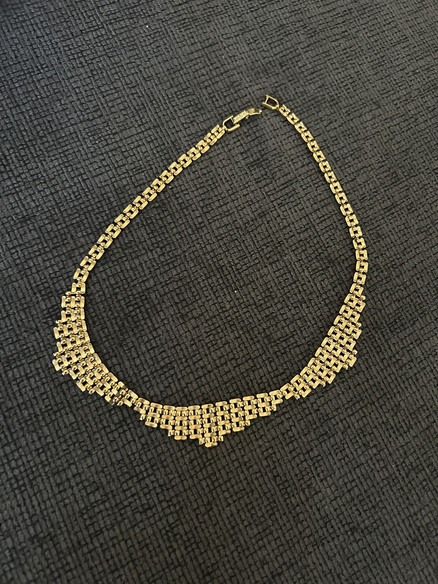Vintage 80s MONET Gold Plated Watchband Flat Woven Engraved Chain Link Necklace