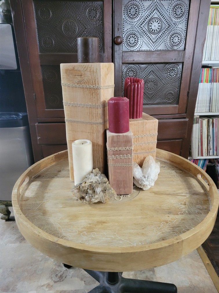 Wooden candle holders, candles and crystal décor
