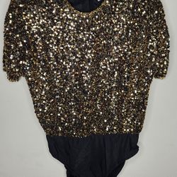 Oleg Cassini BlackTie Women's Vintage Gold Sequin Blouse Bodysuit 