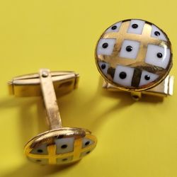 Vintage Circular Gold Plated Black & White Cufflinks