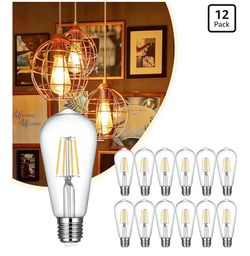 Vintage ST19 LED Edison Bulbs 6W 2700K Warm White Dimmable 12 Pack 120V, High Output 700LM, 60W Eq. CRI85+, Flicker-Free, E26 Base, Long Lasting, 360°
