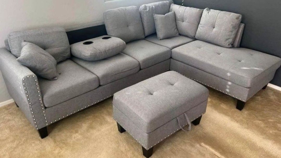 Brand New Grey Taupe Linen Sectional Sofa +Storage Ottoman (New In Box)