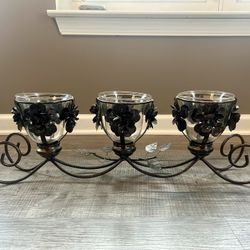 Table centerpiece w removable glass candle holders, bronze wrought iron, 25”long, 8.5” tall, oos