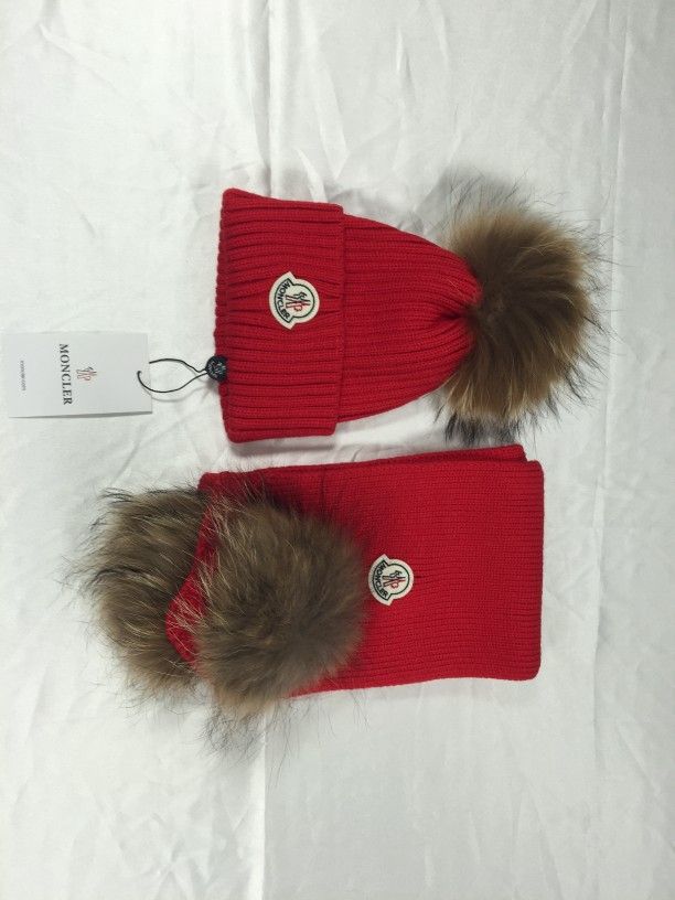 Moncler Beanie With Pom Pom red (Kids set: hat + scarf)