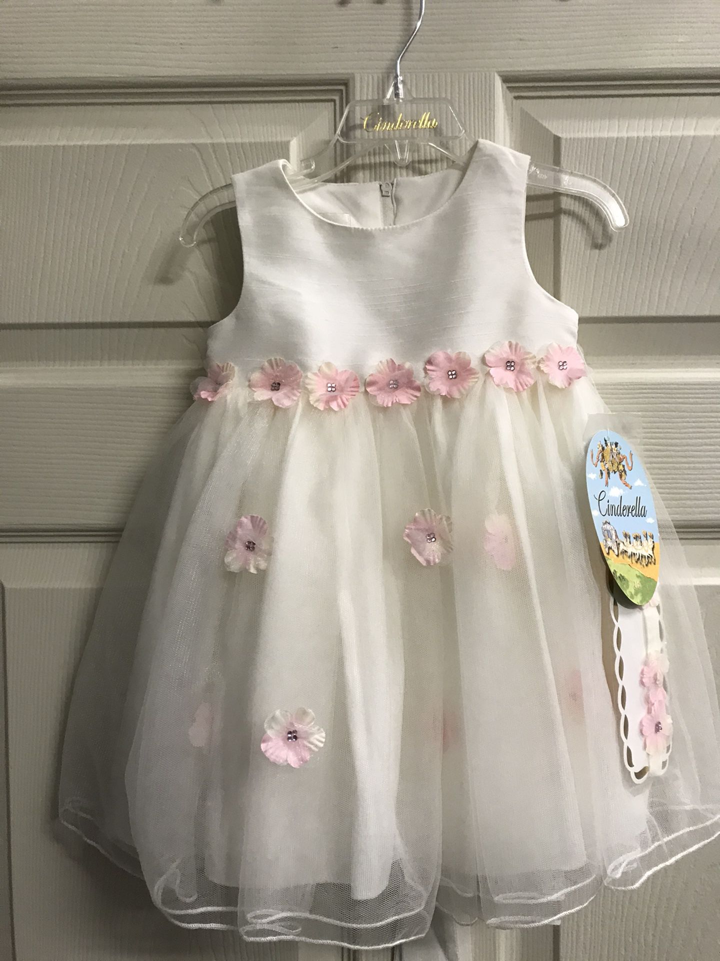 Cinderella Brand White Dress With Pink Flowers, Sash and Bloomers NWT - Size 24M.