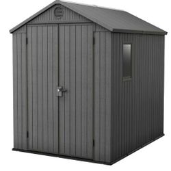 NEW IN BOX 6x8 Shed Resin Plastic Storage Shed with Double Doors and Floor, Grey (35.94 sq. ft.)

