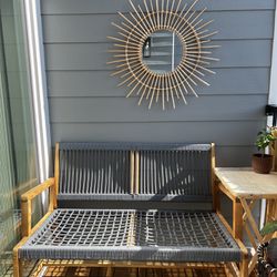 Grey Woven Wood Outdoor Patio Chair Bench