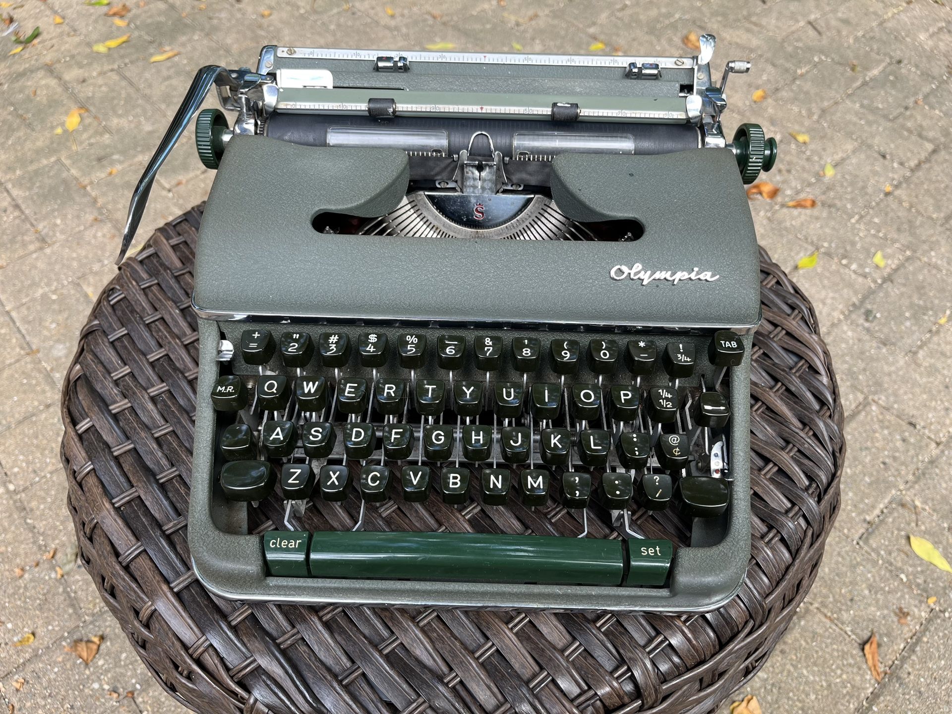 1958 Vintage Green Olympia Typewriter, Case And Ribbon