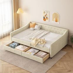 🔥Full Size Daybed w/ Drawers Upholstered Tufted with Button Piping