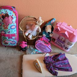 Toys. Doll House. Beanie Babies. Puppies. Doctor Set. Chair. Rolling Case. Iron Set. All $10