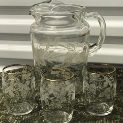 Vintage Bartlett Collins Beverage Pitcher & 3 Glasses Set (grapevine) 