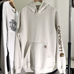 Carhartt K288 Loose Fit Hoodie Gray Men’s Large Tan Sleeve Logo – Excellent Preowned