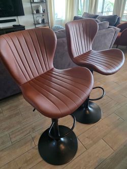 Faux Leather Brown Metal Barstools, Upholstered Island Chairs with Back and Footrest, Coffee