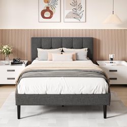 Queen Bed Frame with Button Tufted Headboard, Fabric Upholstered Platform Bed Frame