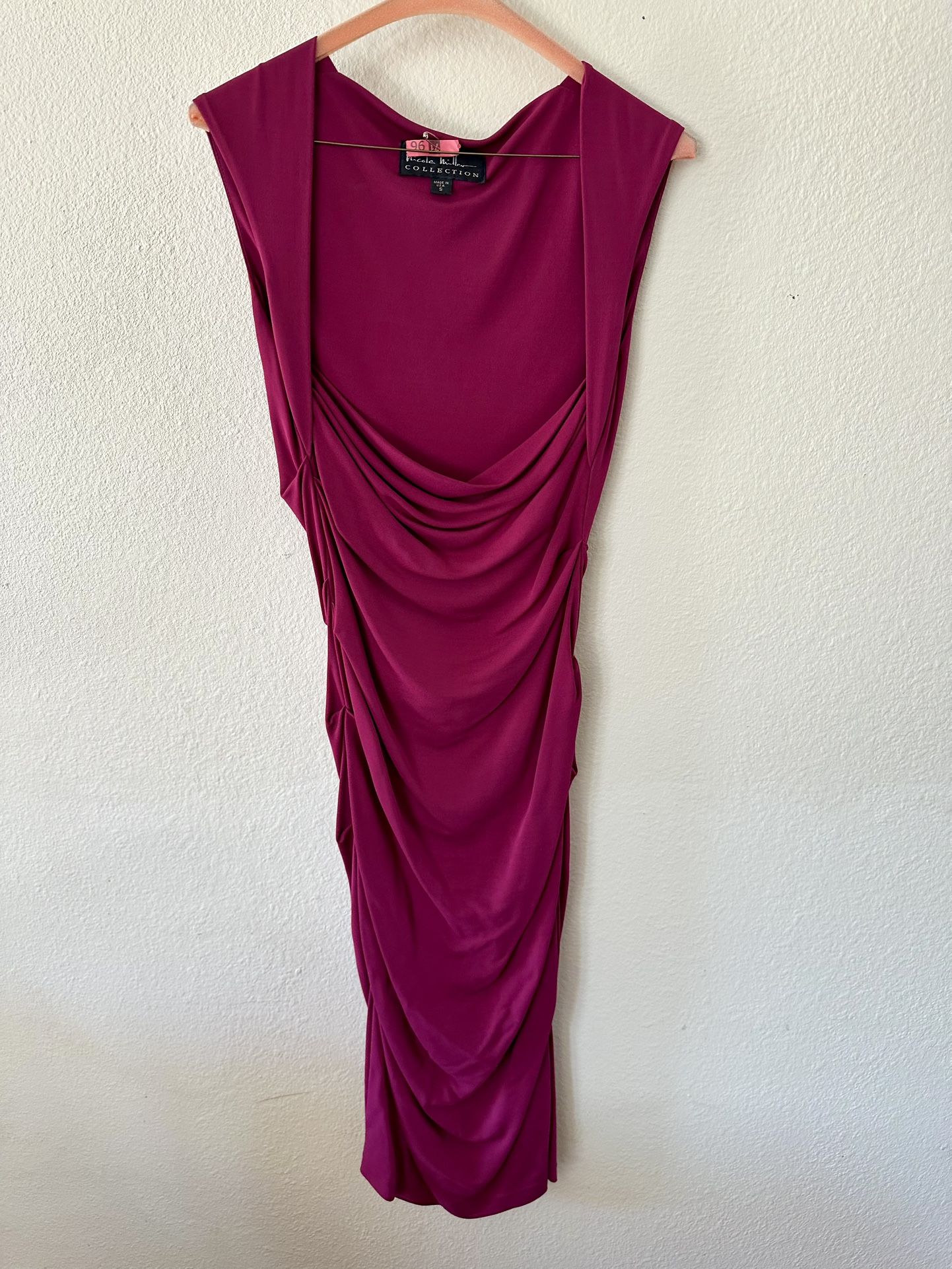 Nicole Miller Ruched Midi Dress, Square Neck Bodycon Cocktail, Pink