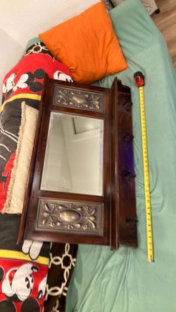 Vintage Wood Wall Mirror with Hooks