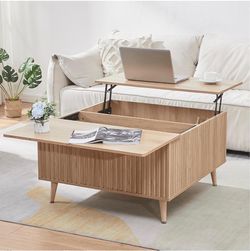 Square Coffee Table for Living Room, Lift Top Coffee Table with Storage, Fluted Coffee Tables with Lifting Top, Mid Century Modern Center Tea Table fo
