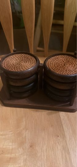 Woven Rattan Coaster Set with Wood Holder