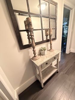 Rustic Whitewashed Console Table with Drawers