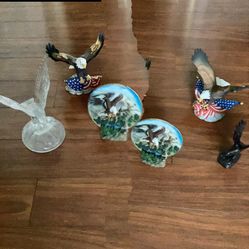 Small Eagles Figures, One Glass, Other Some Type Of Metal,  5 Total, There Is Only One Small Plate