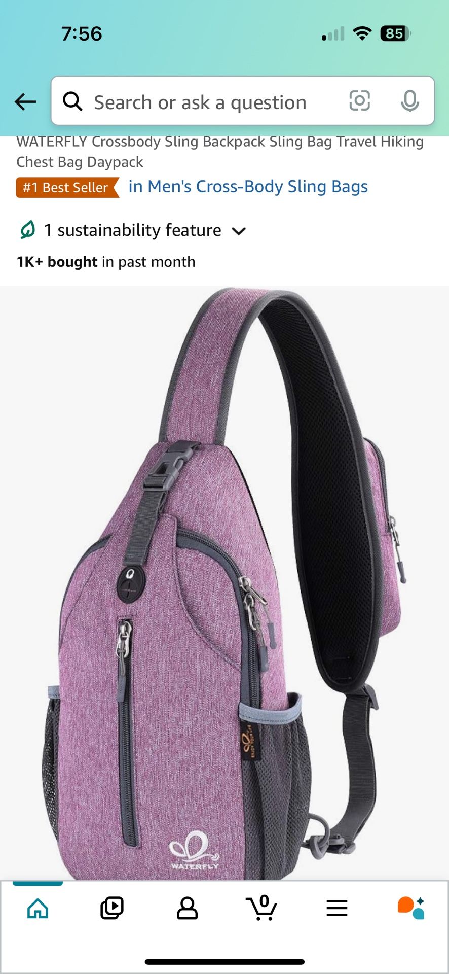 WATERFLY Crossbody Sling Backpack Sling Bag Travel Hiking Chest Bag Daypack