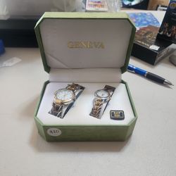 His & Hers Vintage Geneva Silver & Gold Wristwatches 