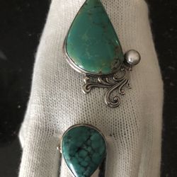 Turquoise set,vintage turquoise and pearl Sterling Silver 925 Ring&pendant , Ring size 8 turquoise size 1" Pendant turquoise size 1.5" Hand made, re
