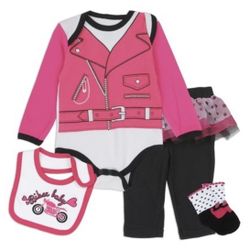 Nûby Biker Motorcycle Baby Bodysuit Bib Tutu Tights Sock 4 Piece Set 3-6 Months