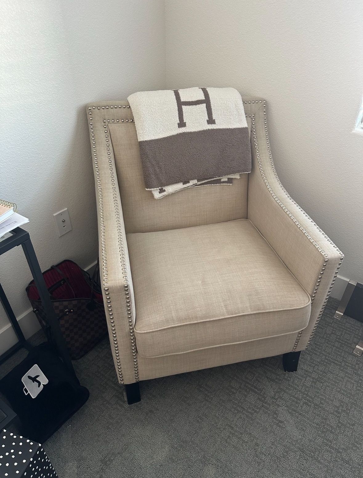 2 DAYS LEFT - ALL OFFERS CONSIDERED - Beige Nailhead Armchair — Heavy, High-End Quality — $75 OBO