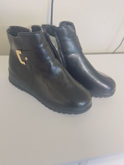 Black Leather Ankle Boots with Gold Buckle