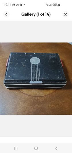 Antique 1920s art deco black wooden storage box w silver trim  and red handles