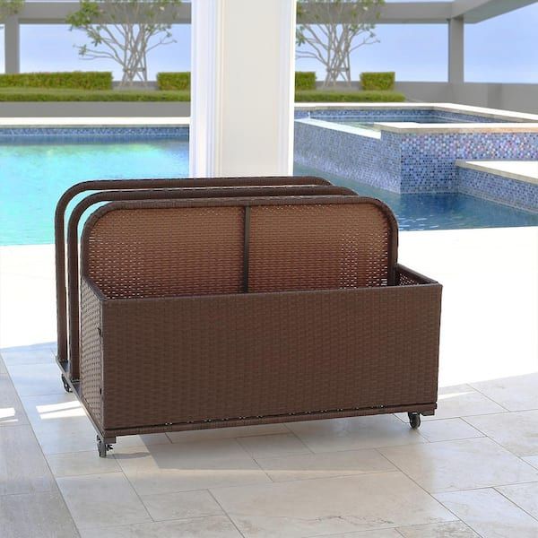 38 in. L x 44 in. W Rolling Brown Wicker Float Caddy Table Furniture Dolly Pool Toy Pool Float Cart Storage Organizer