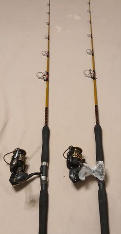 2) PennBattle ll 6000 & 5000 on 2) New Tiger Elite Jigging Graphite medium heavy.Action Fast UglyStick 6'6 Rods
