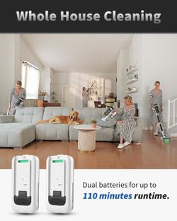 2-Battery 110 Min Cordless Vacuum, 550W 45KPA Power for Deep Cleaning Carpets, Hard Floors & Pet Hair