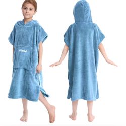 Hiturbo Kids Towel Changing Robe: Soft Plush Bath Towels - Warm Coral Fleece Hoodie - Swim Surf Poncho for 5-12 Years (Blue)
