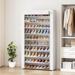 10-Tier Shoe Organizer with Zippered Dust Cover & Side Pockets, Easy to Assemble, Space Saving Shoe Rack for Closet, Entryway, Living Room, 33" x 12.4